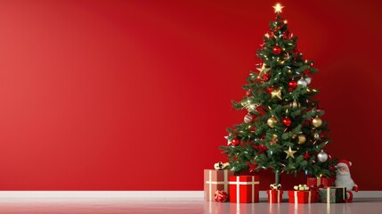 Fototapeta na wymiar Christmas tree on the background of a red empty wall