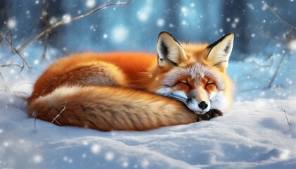 red fox sleeping on snow covered ground