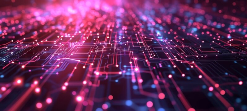 A dynamic view of purple and red glowing digital circuitry with nodes and lines, suggesting high-speed data transfer
