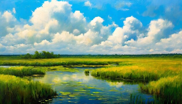 oil color painting of a swamp wetland with cumulus clouds hd phone wallpaper ai generated