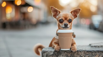 Close up of adorable dog holding an empty coffee to go paper cup in its paw with a cute expression - obrazy, fototapety, plakaty