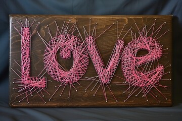 "Love" as a complex, geometric string art on a wooden board