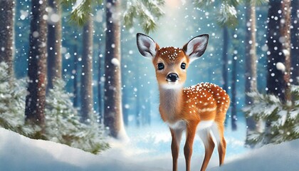 cute baby deer in winter forest horizontal christmas card 