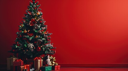 Fototapeta na wymiar Christmas tree on the background of a red empty wall