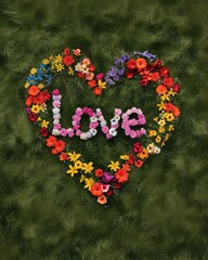 "Love" made out of vibrant spring flowers on a lush green lawn, viewed from above