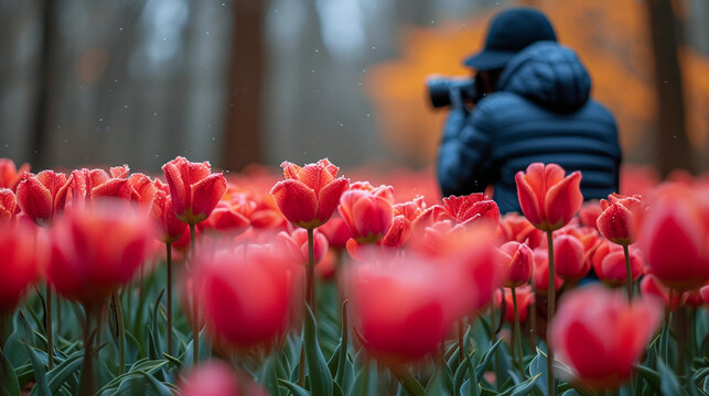 The photographer is taking photos of beautiful tulips