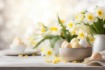 Easter spring table setting decoration, eggs in nest, fresh yellow tulips, ai generated