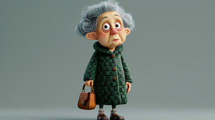 A charming cartoon illustration of an elderly woman wearing a forest green coat and holding a stylish handbag. With a blend of 3D and cartoon elements, this headshot showcases her cheerful e