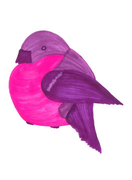 Silhouette of a bullfinch in the shape of heart for Valentine Day. Decorative illustration for the Migratory Birds World Day. A sitting plump bright pink bird with tail and wings in purple gradient.