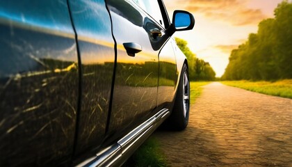 scratched car paint with door handle and tire out of focus