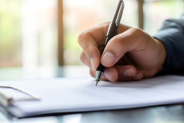 Businessman hands sign a a contract documents with a fountain pen, Close-up