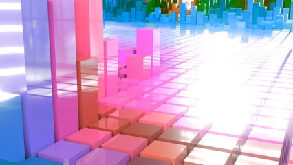 Geometrie - farbige Quader - Skyline - Architektur, Perspektive, Flächen, Formen, Winkel, Körper, Symmetrie, Rendering