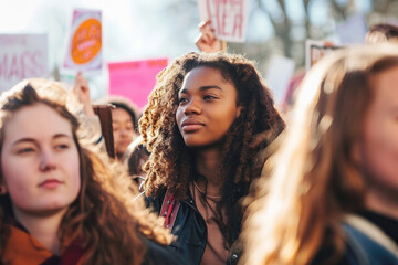 A group of women participating in a rally or protest, advocating for gender equality and women's rights on International Women's Day. - obrazy, fototapety, plakaty