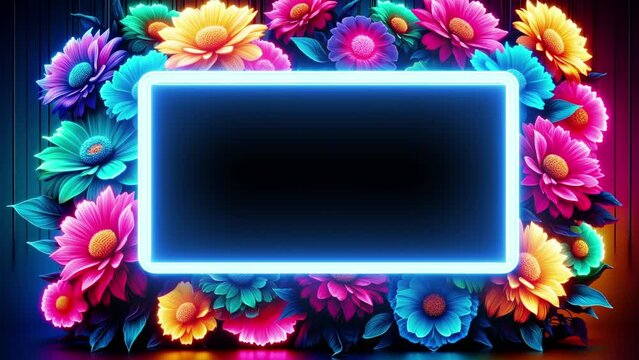 Bright neon frame on a background of colored flowers.