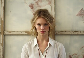 Fototapeta premium Woman in White Shirt Standing in Front of Wall