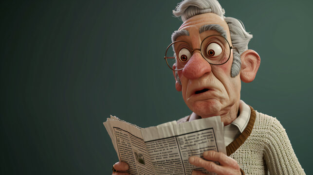Cheerful cartoon senior man wearing a cream cardigan while reading a newspaper. This vibrant 3D illustration captures the essence of relaxation and wisdom in a delightful headshot.