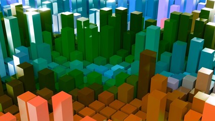 Fototapeta premium Geometrie - farbige Quader - Skyline - Architektur, Perspektive, Flächen, Formen, Winkel, Körper, Symmetrie, Rendering