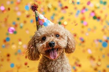 Happy brown poodle in party hat with tongue out confetti background