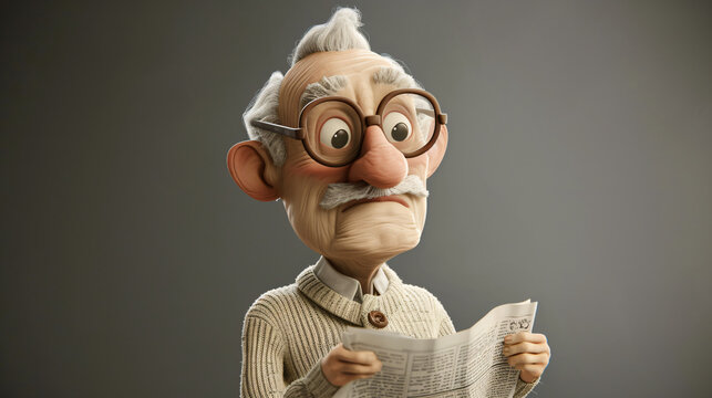 A charming cartoon depiction of an elderly man wearing a cream cardigan and engrossed in reading a newspaper. This delightful 3D headshot illustration captures the warmth and wisdom of age,