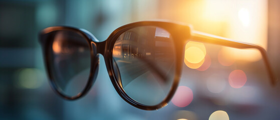 Captivating Close-Up of Sunglasses Against a Blurred Urban Sunset, Embracing Modern Lifestyle and Elegance
