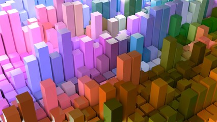 Geometrie - farbige Quader - Skyline - Architektur, Hochhäuser,  Perspektive, Flächen, Formen, Winkel, Kontrast, Körper, Symmetrie, Rendering