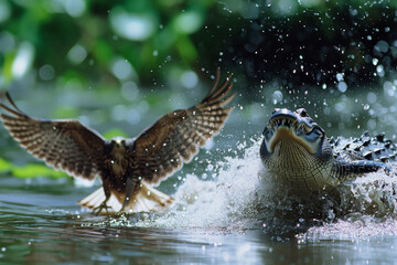 A crocodile jumps out of the water to catch a hawk in a river in the forest.