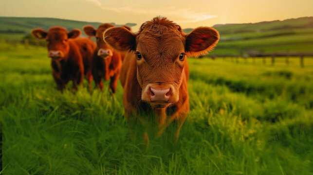 There are brown cows in the vast green fields, at sunset time, repeat video