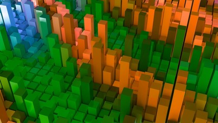 Fototapeta premium Geometrie - grüne orange Quader - Skyline - Architektur, Hochhäuser, Perspektive, Flächen, Formen, Winkel, Kontrast, Körper, Symmetrie, Rendering