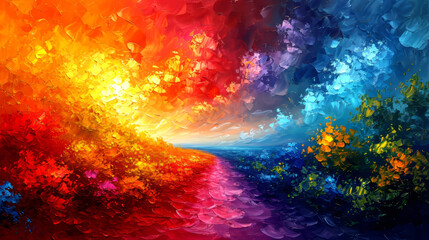Abstract colorful background with sunbeams and clouds.