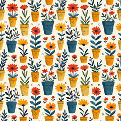 Group of flowers in pots pattern naive hand drawn background, tile, seamless pattern