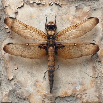 Dragonfly On Rough Concrete Wall On White Background, Illustrations Images