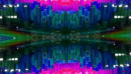 farbenfrohe symetrische Geometrie - farbige Quader, Fraktale, Perspektive, Flächen, Formen, Winkel, Körper, Symmetrie, Rendering
