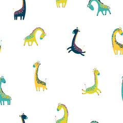 Fototapeta premium Vector seamless pattern with cute giraffes. Colorful Nursery texture in scandinavian style great for baby clothes,