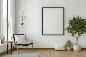 Living room with blank picture frame mockup on white wall, minimalist 