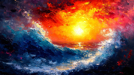 Colorful sky and ocean wave abstract background. Oil painting style.