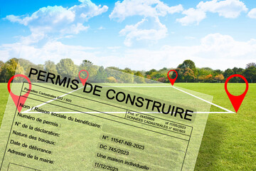 Building permit written in French - PERMIS DE CONSTRUIRE - with vacant land available for building...