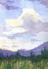 Watercolor landscape with mountains and trees.