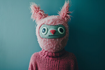 Costumed person with large pink furry head and green eyes - obrazy, fototapety, plakaty