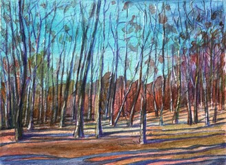 The autumn landscape is painted with watercolors. Sunny day in the park.