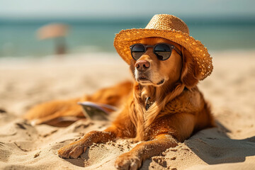 chihuahua dog at the ocean shore beach wearing red funny sunglasses smiling at camera - obrazy, fototapety, plakaty