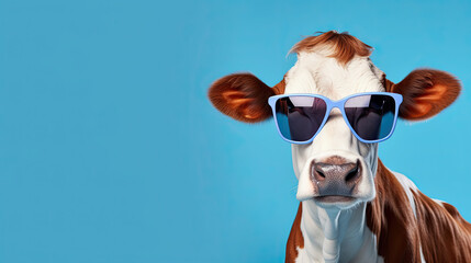 Funny cow with sunglasses in front of blue studio background