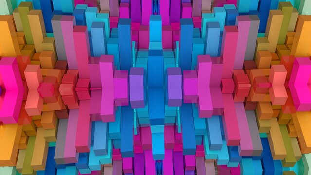 farbenfrohe symetrische Geometrie - farbige Quader, Fraktale, Perspektive, Flächen, Formen, Winkel, Körper, Symmetrie, Rendering