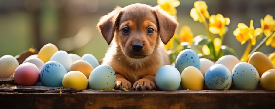 cute puppy with blue eyes in easter eggs. ai generated
