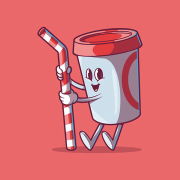 Soda character holding a straw vector illustration. Food, brand, mascot design concept.