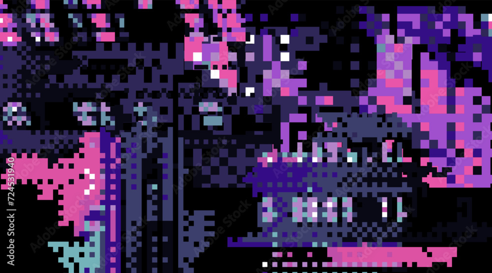 Poster Glitched abstract background with pixel noise. Concept of bug in program or computer virus.