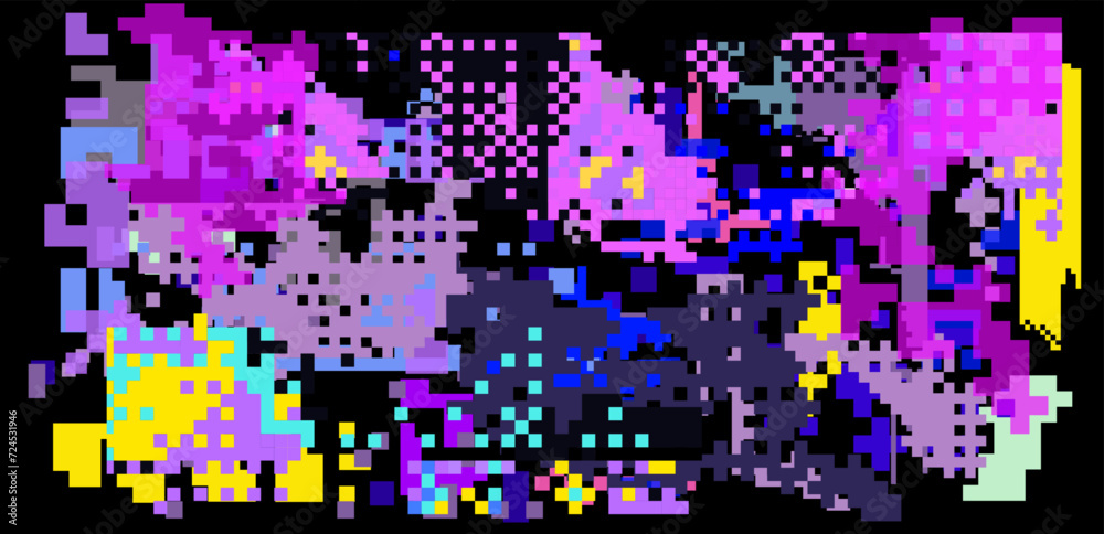 Poster Glitched abstract background with pixel noise. Concept of bug in program or computer virus.