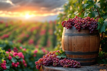 In the rural winery, a vibrant harvest unfolds under the summer sun's golden glow.