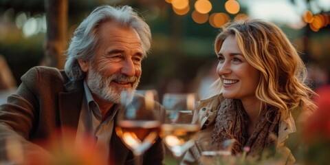 A romantic and affectionate mature couple enjoying a leisurely evening on the patio, sharing wine and smiles. - Powered by Adobe