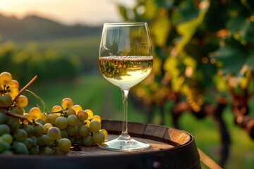 Amid the vineyard's beauty, enjoy white wine, grapes, and a sunset-filled evening outdoors.
