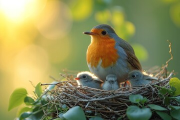 Fototapeta premium A small, colorful bird nest in a tree, with a fledgling waiting to be fed by its parent.